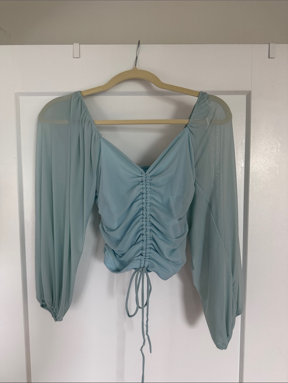 American Threads Sage Green Ruched Sheer Sleeve Blouse